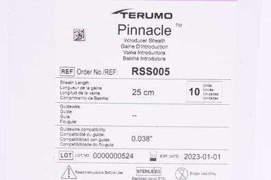 Terumo RSS005 Pinnacle Introducer Sheath 10Fr. x 25 cm. x 0.038 inch - Box of 10